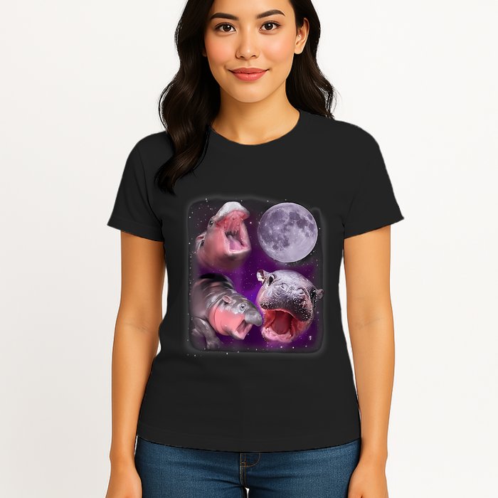 Moo Deng Bouncy Pig In Thai Picture Howling Under The Moon Womens T-Shirt