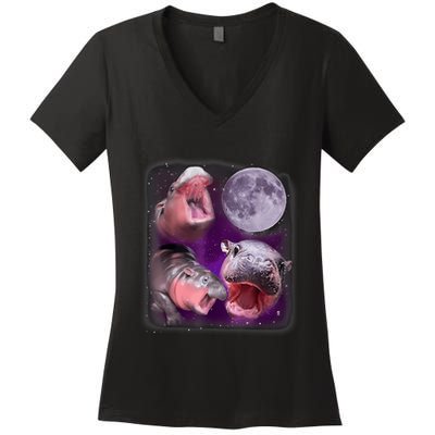 Moo Deng Bouncy Pig In Thai Picture Howling Under The Moon Women's V-Neck T-Shirt