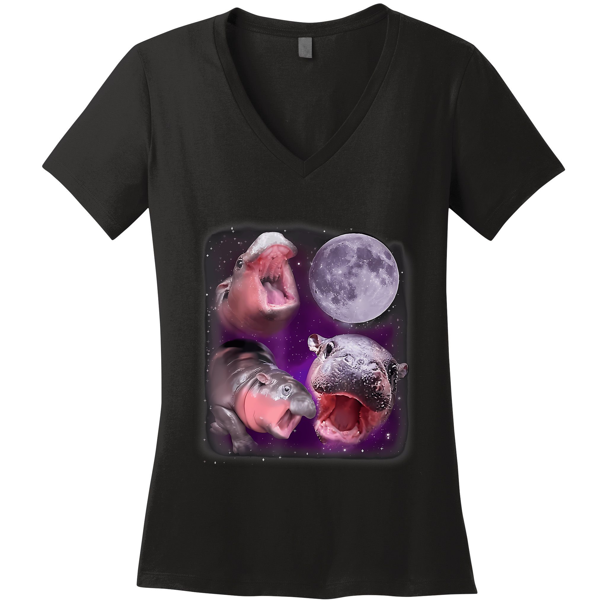 Moo Deng Bouncy Pig In Thai Picture Howling Under The Moon Women's V-Neck T-Shirt