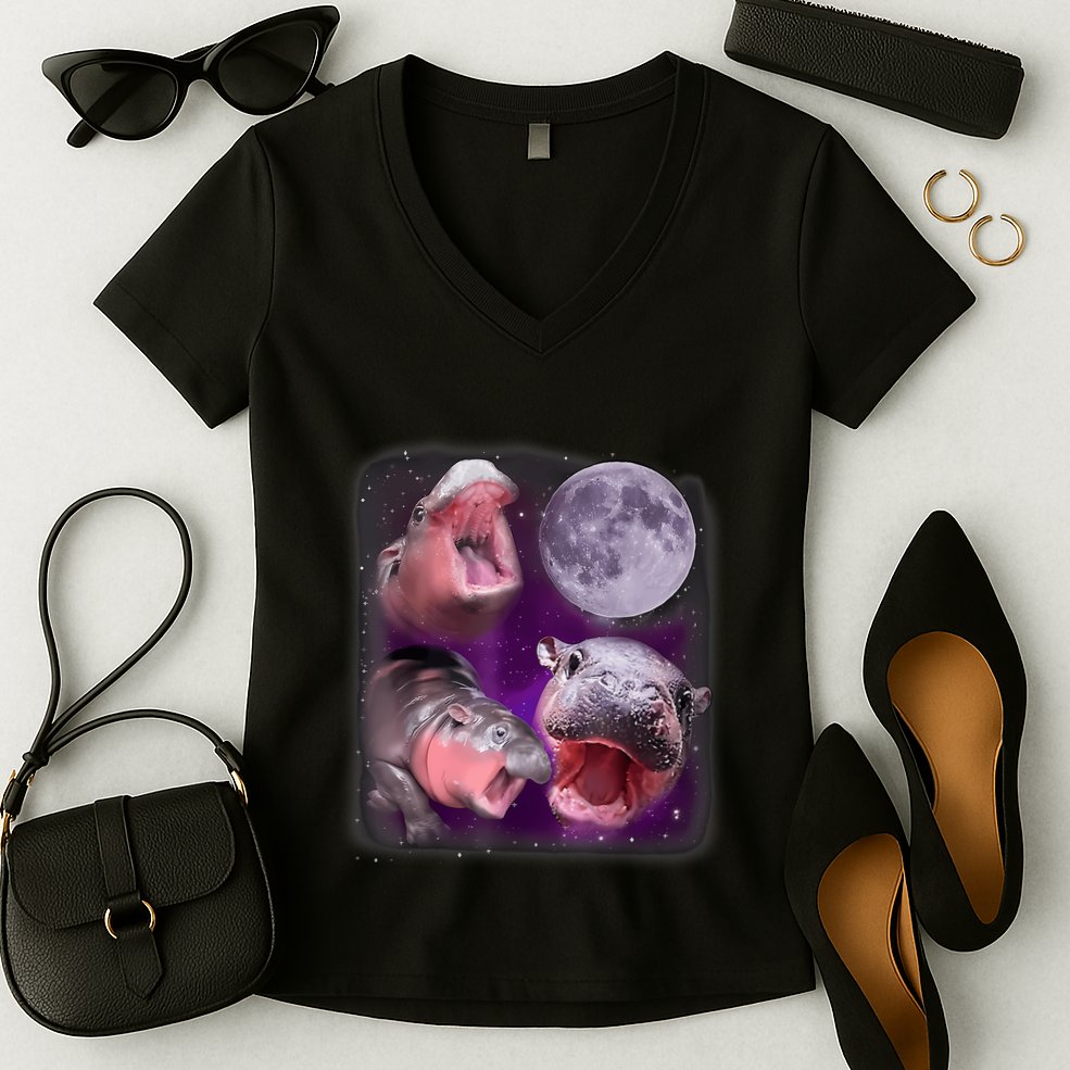 Moo Deng Bouncy Pig In Thai Picture Howling Under The Moon Women's V-Neck T-Shirt