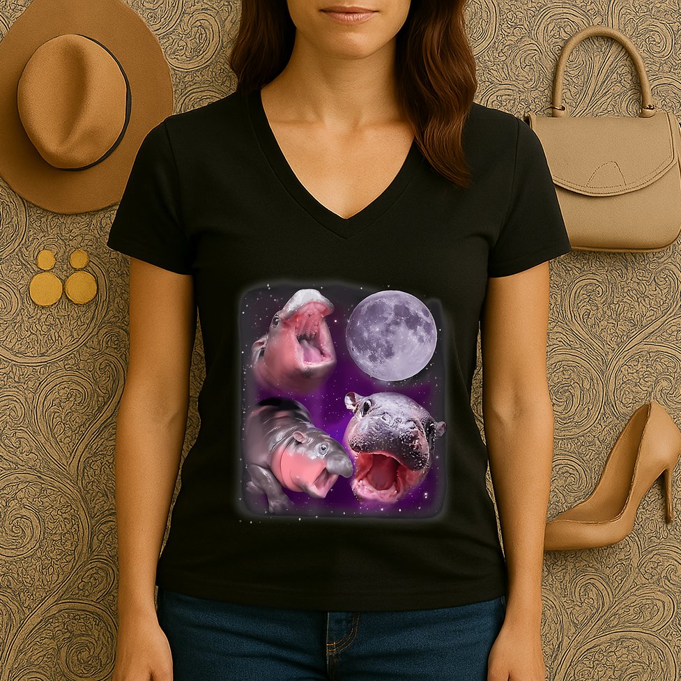 Moo Deng Bouncy Pig In Thai Picture Howling Under The Moon Women's V-Neck T-Shirt