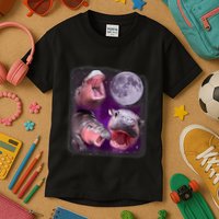 Moo Deng Bouncy Pig In Thai Picture Howling Under The Moon Kids T-Shirt