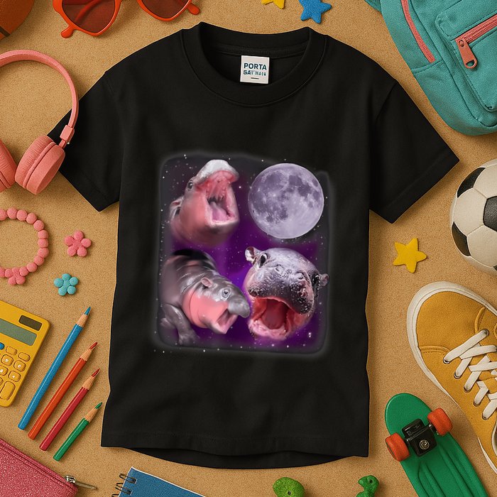 Moo Deng Bouncy Pig In Thai Picture Howling Under The Moon Kids T-Shirt
