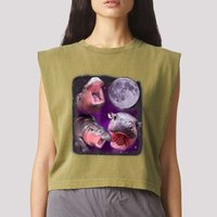 Moo Deng Bouncy Pig In Thai Picture Howling Under The Moon Garment-Dyed Women's Muscle Tee