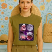 Moo Deng Bouncy Pig In Thai Picture Howling Under The Moon Garment-Dyed Women's Muscle Tee