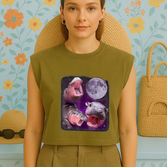 Moo Deng Bouncy Pig In Thai Picture Howling Under The Moon Garment-Dyed Women's Muscle Tee