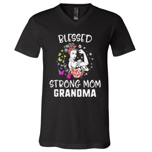 MotherS Day Blessed Strong Mom Grandma Strong Women Gift V-Neck T-Shirt