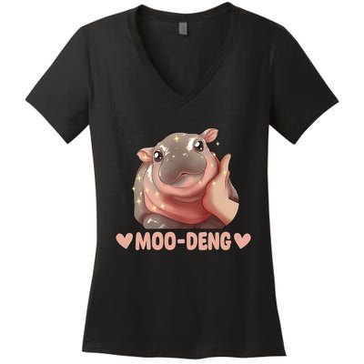 Moo Deng Bouncy Pig In Thai Picture The Cute Baby Hippo Women's V-Neck T-Shirt