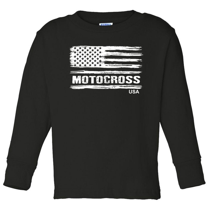 Motocross Dirt Bike Racing Distress American Flag USA Premium Toddler Long Sleeve Shirt