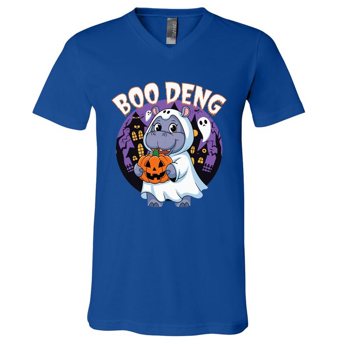 Moo Deng Baby Hippo Boo Deng Long For Halloween V-Neck T-Shirt