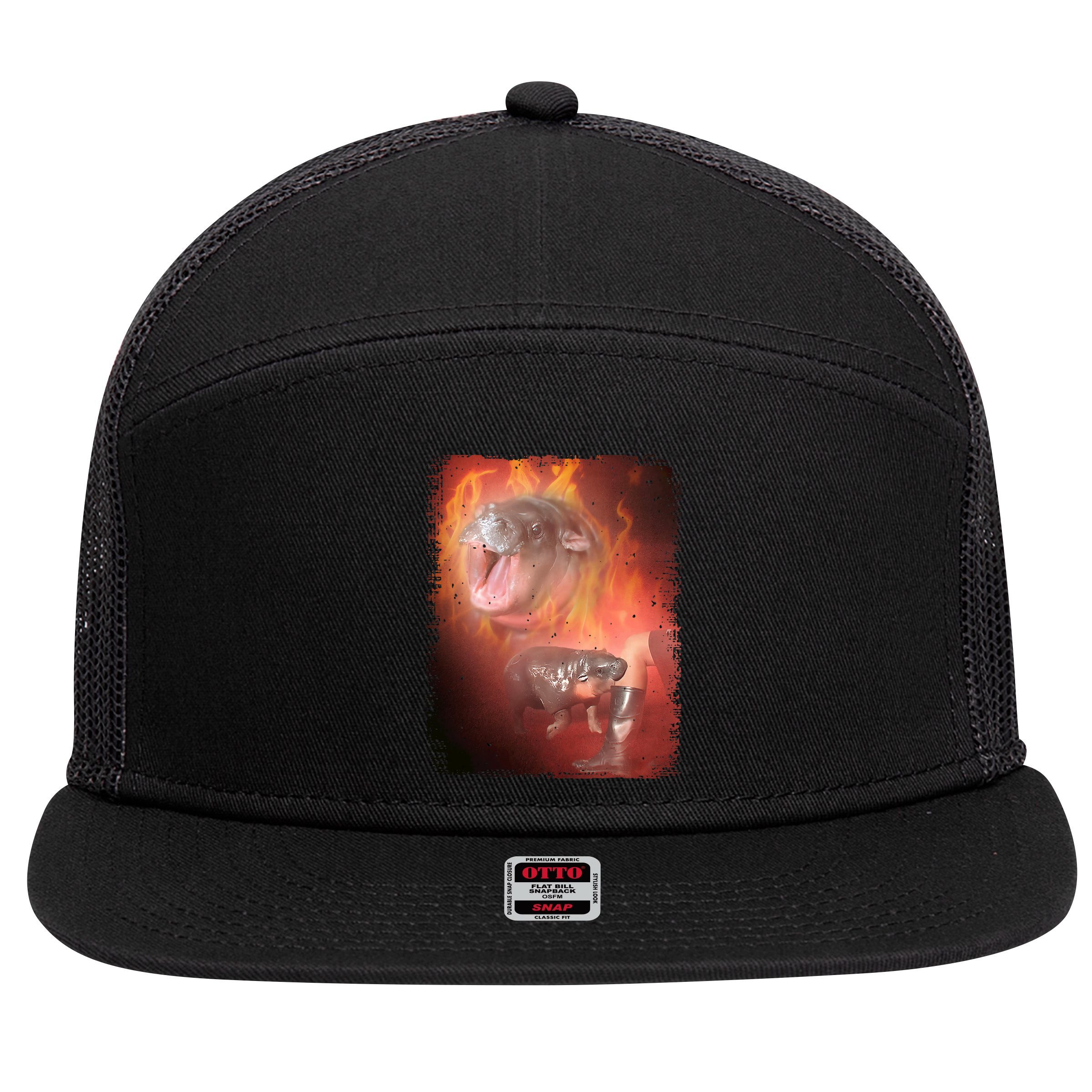Moo Deng Bouncy Pig In Thai Fire Picture The Cute Baby Hippo 7 Panel Mesh Trucker Snapback Hat