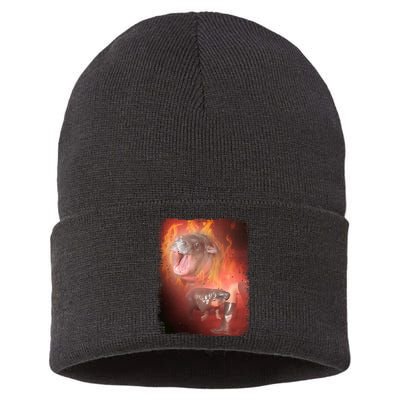 Moo Deng Bouncy Pig In Thai Fire Picture The Cute Baby Hippo Sustainable Knit Beanie