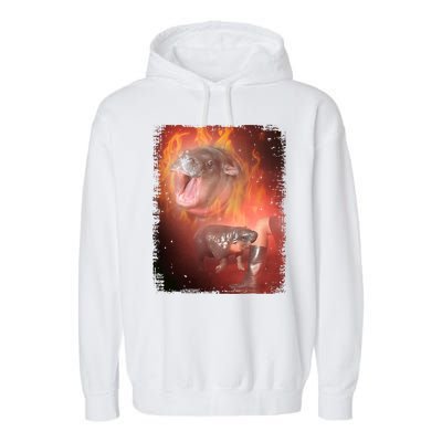 Moo Deng Bouncy Pig In Thai Fire Picture The Cute Baby Hippo Garment-Dyed Fleece Hoodie