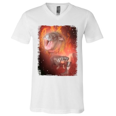 Moo Deng Bouncy Pig In Thai Fire Picture The Cute Baby Hippo V-Neck T-Shirt