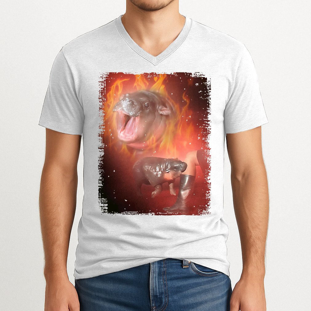 Moo Deng Bouncy Pig In Thai Fire Picture The Cute Baby Hippo V-Neck T-Shirt