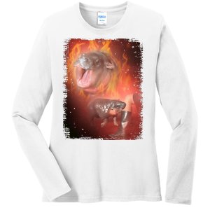 Moo Deng Bouncy Pig In Thai Fire Picture The Cute Baby Hippo Ladies Long Sleeve Shirt