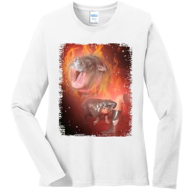 Moo Deng Bouncy Pig In Thai Fire Picture The Cute Baby Hippo Ladies Long Sleeve Shirt