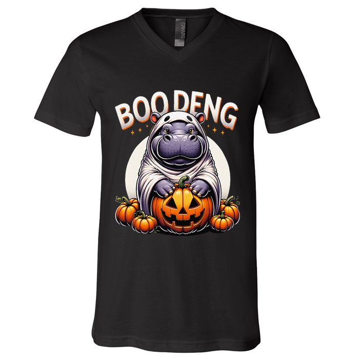 Moo Deng Baby Hippo Moo Deng Costume For Boo Deng Halloween V-Neck T-Shirt