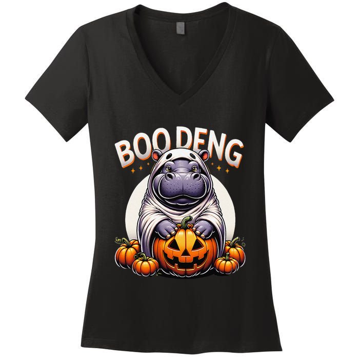 Moo Deng Baby Hippo Moo Deng Costume For Boo Deng Halloween Women's V-Neck T-Shirt