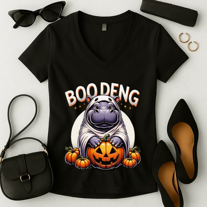 Moo Deng Baby Hippo Moo Deng Costume For Boo Deng Halloween Women's V-Neck T-Shirt