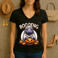 Moo Deng Baby Hippo Moo Deng Costume For Boo Deng Halloween Women's V-Neck T-Shirt