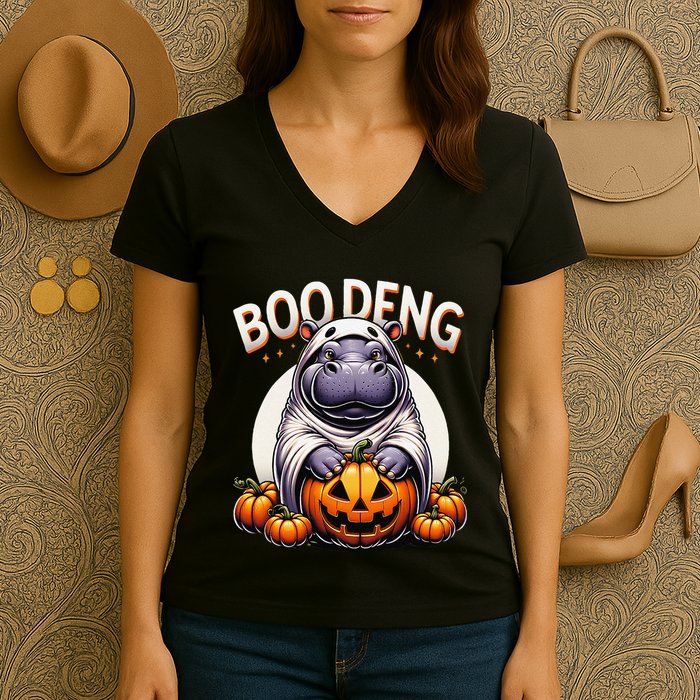 Moo Deng Baby Hippo Moo Deng Costume For Boo Deng Halloween Women's V-Neck T-Shirt