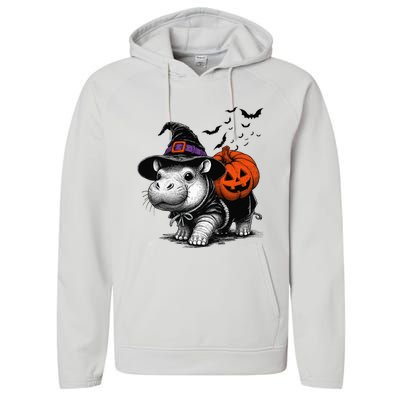 Moo Deng Bouncy Pig Moo Deng Halloween Funny Hippo With Pumpkin Witch Hat Performance Fleece Hoodie