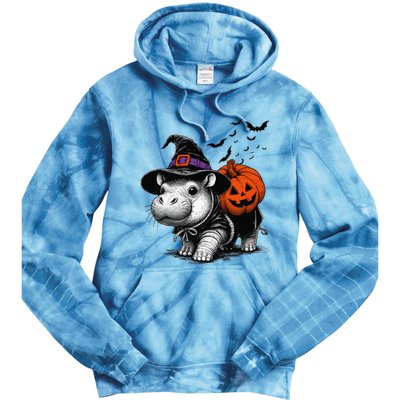 Moo Deng Bouncy Pig Moo Deng Halloween Funny Hippo With Pumpkin Witch Hat Tie Dye Hoodie