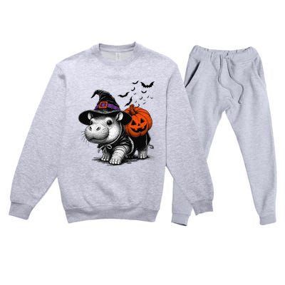 Moo Deng Bouncy Pig Moo Deng Halloween Funny Hippo With Pumpkin Witch Hat Premium Crewneck Sweatsuit Set