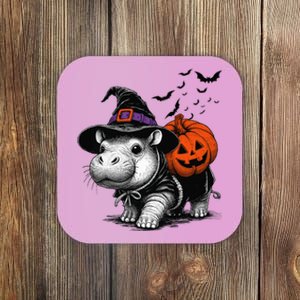 Moo Deng Bouncy Pig Moo Deng Halloween Funny Hippo With Pumpkin Witch Hat Coaster