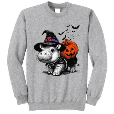 Moo Deng Bouncy Pig Moo Deng Halloween Funny Hippo With Pumpkin Witch Hat Tall Sweatshirt