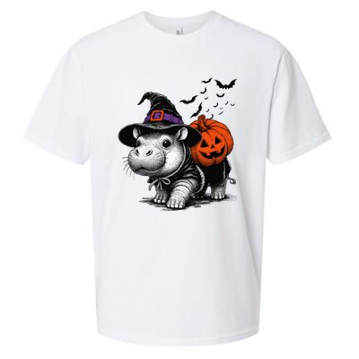 Moo Deng Bouncy Pig Moo Deng Halloween Funny Hippo With Pumpkin Witch Hat Sueded Cloud Jersey T-Shirt