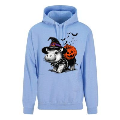 Moo Deng Bouncy Pig Moo Deng Halloween Funny Hippo With Pumpkin Witch Hat Unisex Surf Hoodie