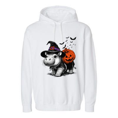 Moo Deng Bouncy Pig Moo Deng Halloween Funny Hippo With Pumpkin Witch Hat Garment-Dyed Fleece Hoodie