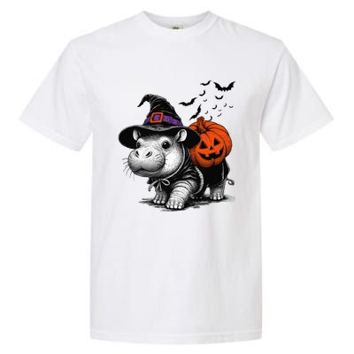 Moo Deng Bouncy Pig Moo Deng Halloween Funny Hippo With Pumpkin Witch Hat Garment-Dyed Heavyweight T-Shirt