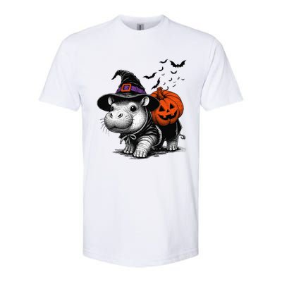 Moo Deng Bouncy Pig Moo Deng Halloween Funny Hippo With Pumpkin Witch Hat Softstyle CVC T-Shirt