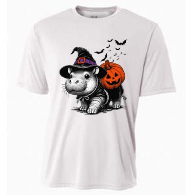 Moo Deng Bouncy Pig Moo Deng Halloween Funny Hippo With Pumpkin Witch Hat Cooling Performance Crew T-Shirt