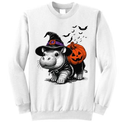 Moo Deng Bouncy Pig Moo Deng Halloween Funny Hippo With Pumpkin Witch Hat Sweatshirt