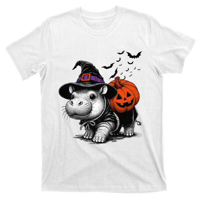 Moo Deng Bouncy Pig Moo Deng Halloween Funny Hippo With Pumpkin Witch Hat T-Shirt