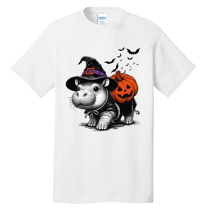 Moo Deng Bouncy Pig Moo Deng Halloween Funny Hippo With Pumpkin Witch Hat Tall T-Shirt