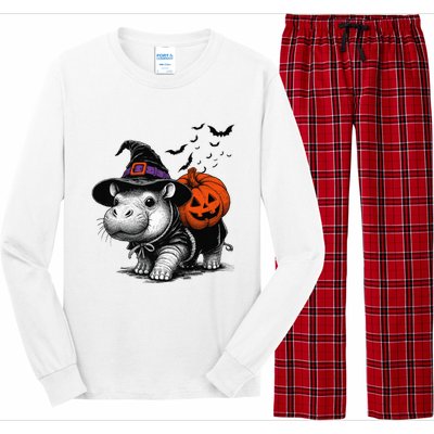 Moo Deng Bouncy Pig Moo Deng Halloween Funny Hippo With Pumpkin Witch Hat Long Sleeve Pajama Set