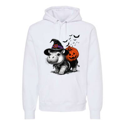 Moo Deng Bouncy Pig Moo Deng Halloween Funny Hippo With Pumpkin Witch Hat Premium Hoodie