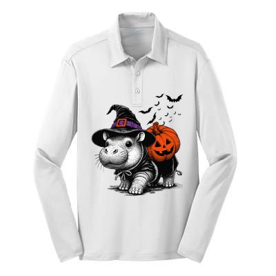 Moo Deng Bouncy Pig Moo Deng Halloween Funny Hippo With Pumpkin Witch Hat Silk Touch Performance Long Sleeve Polo