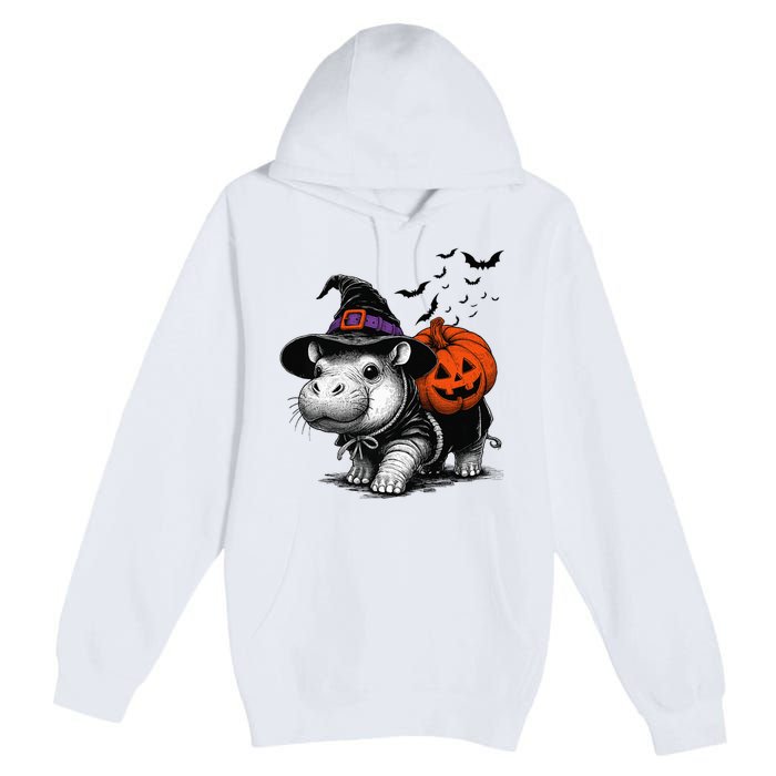 Moo Deng Bouncy Pig Moo Deng Halloween Funny Hippo With Pumpkin Witch Hat Premium Pullover Hoodie