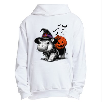 Moo Deng Bouncy Pig Moo Deng Halloween Funny Hippo With Pumpkin Witch Hat Urban Pullover Hoodie