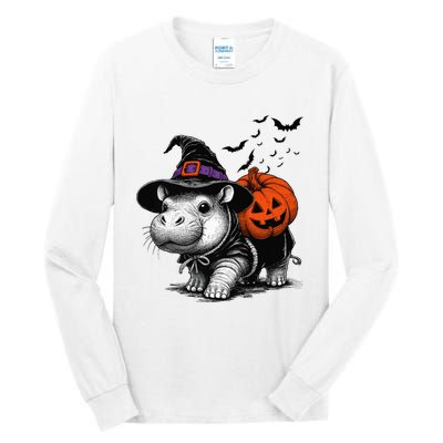 Moo Deng Bouncy Pig Moo Deng Halloween Funny Hippo With Pumpkin Witch Hat Tall Long Sleeve T-Shirt