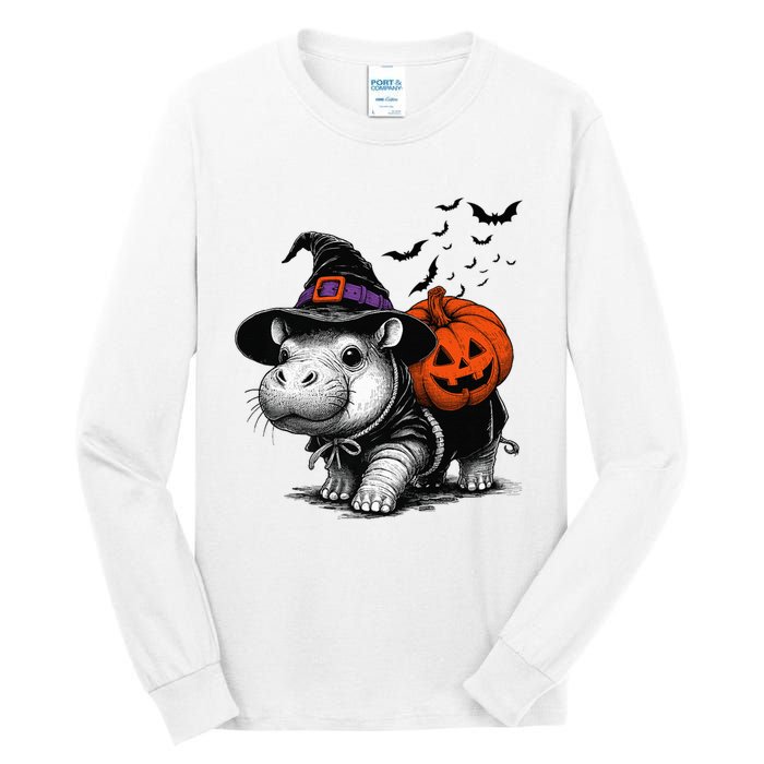 Moo Deng Bouncy Pig Moo Deng Halloween Funny Hippo With Pumpkin Witch Hat Tall Long Sleeve T-Shirt