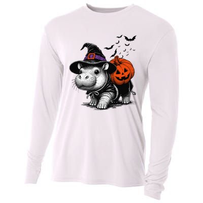 Moo Deng Bouncy Pig Moo Deng Halloween Funny Hippo With Pumpkin Witch Hat Cooling Performance Long Sleeve Crew