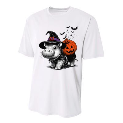 Moo Deng Bouncy Pig Moo Deng Halloween Funny Hippo With Pumpkin Witch Hat Performance Sprint T-Shirt