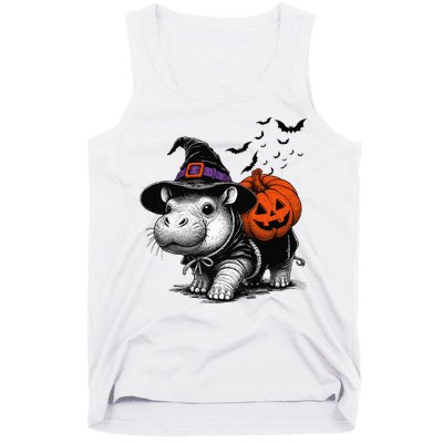 Moo Deng Bouncy Pig Moo Deng Halloween Funny Hippo With Pumpkin Witch Hat Tank Top